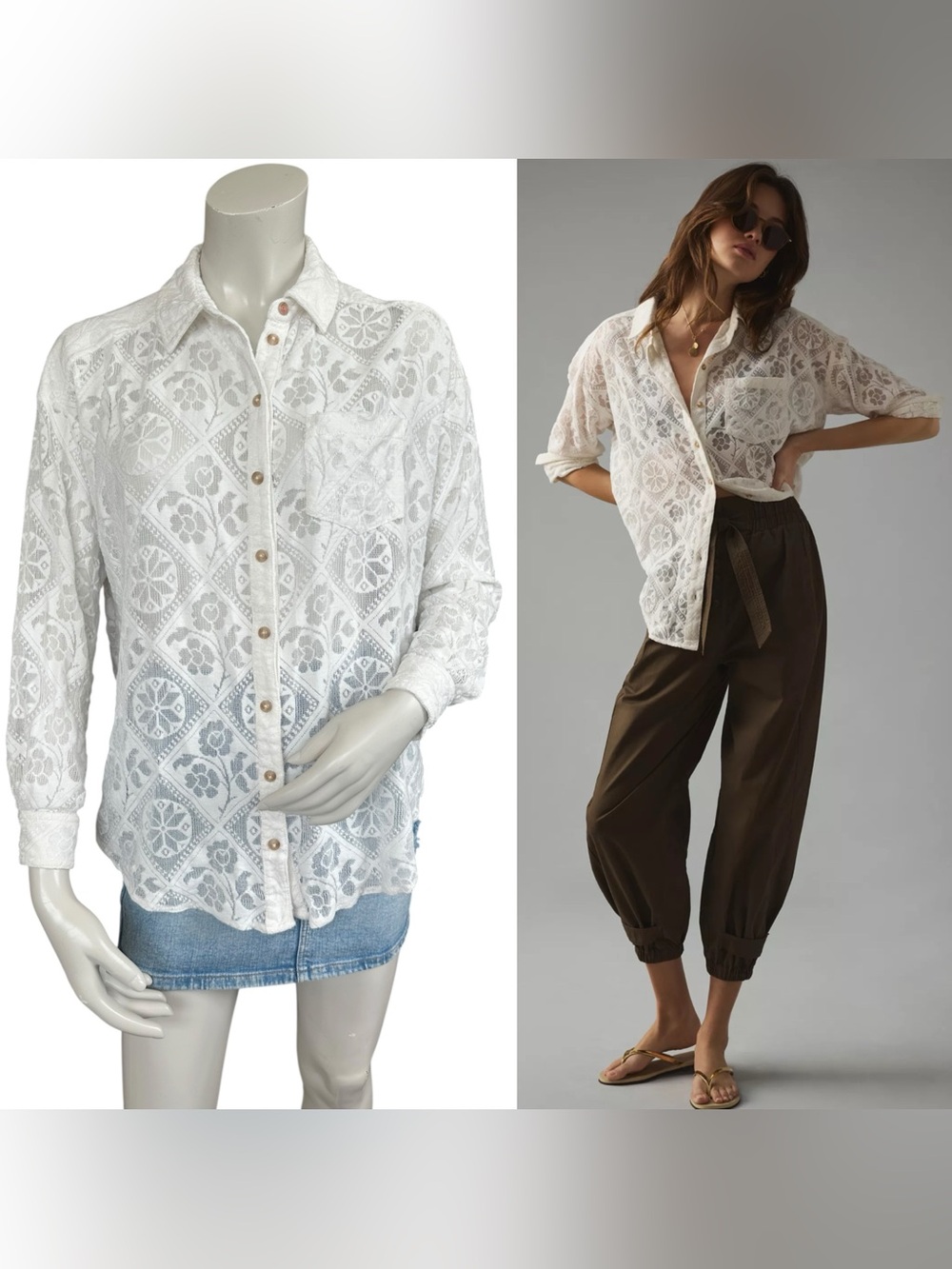 Anthropologie Pilcro White Printed Floral Lace Oversized Button Down Shirt XXS